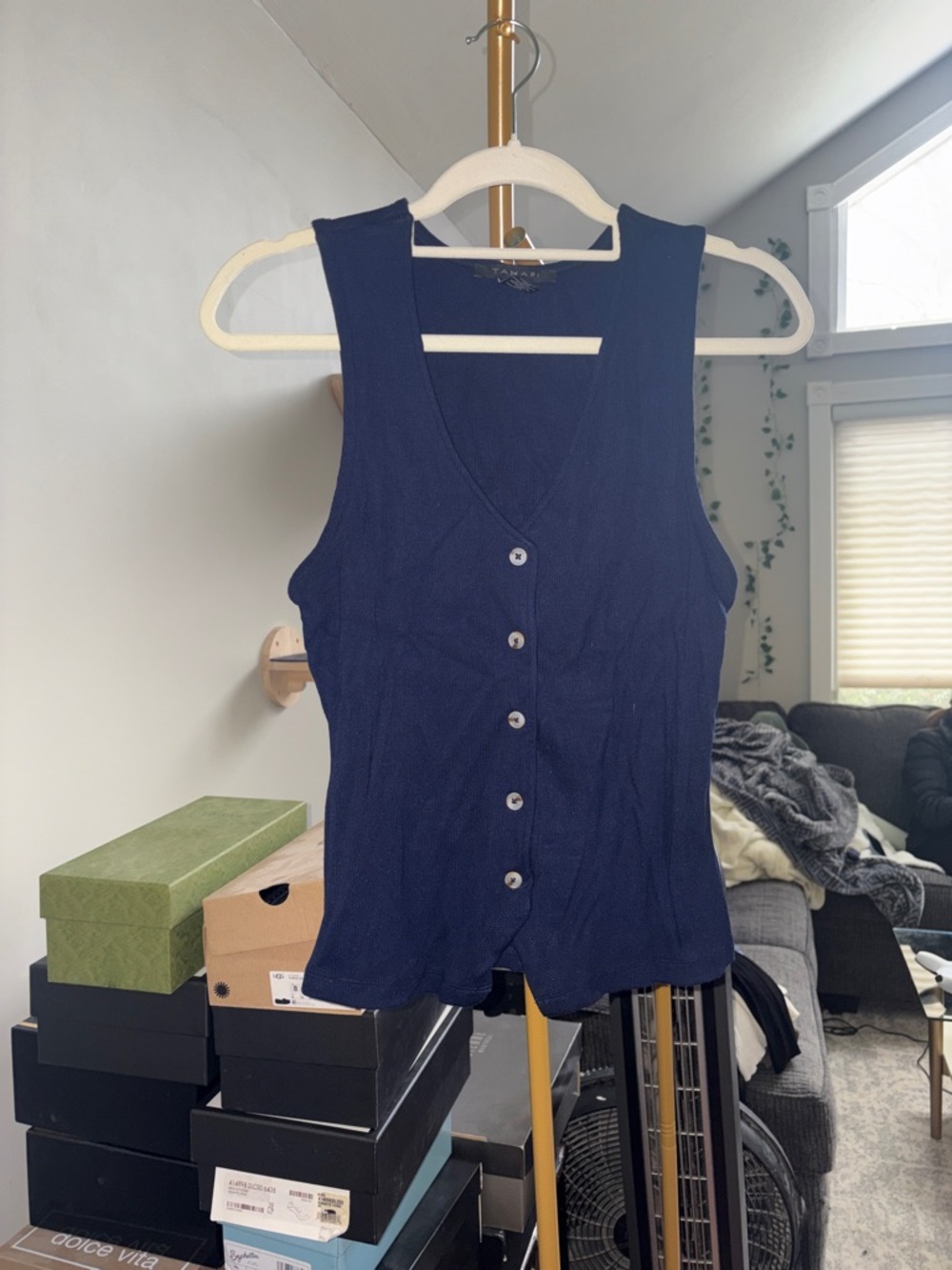 Tahari Sleeveless Button-Front Knit Top in Navy